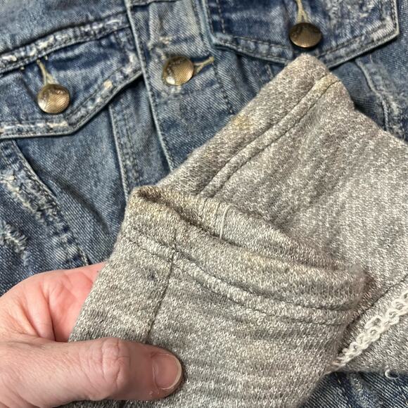 Free People Women 's Mixed Media Hooded Distressed Denim Jacket Sz XS FLAW - Picture 3 of 5